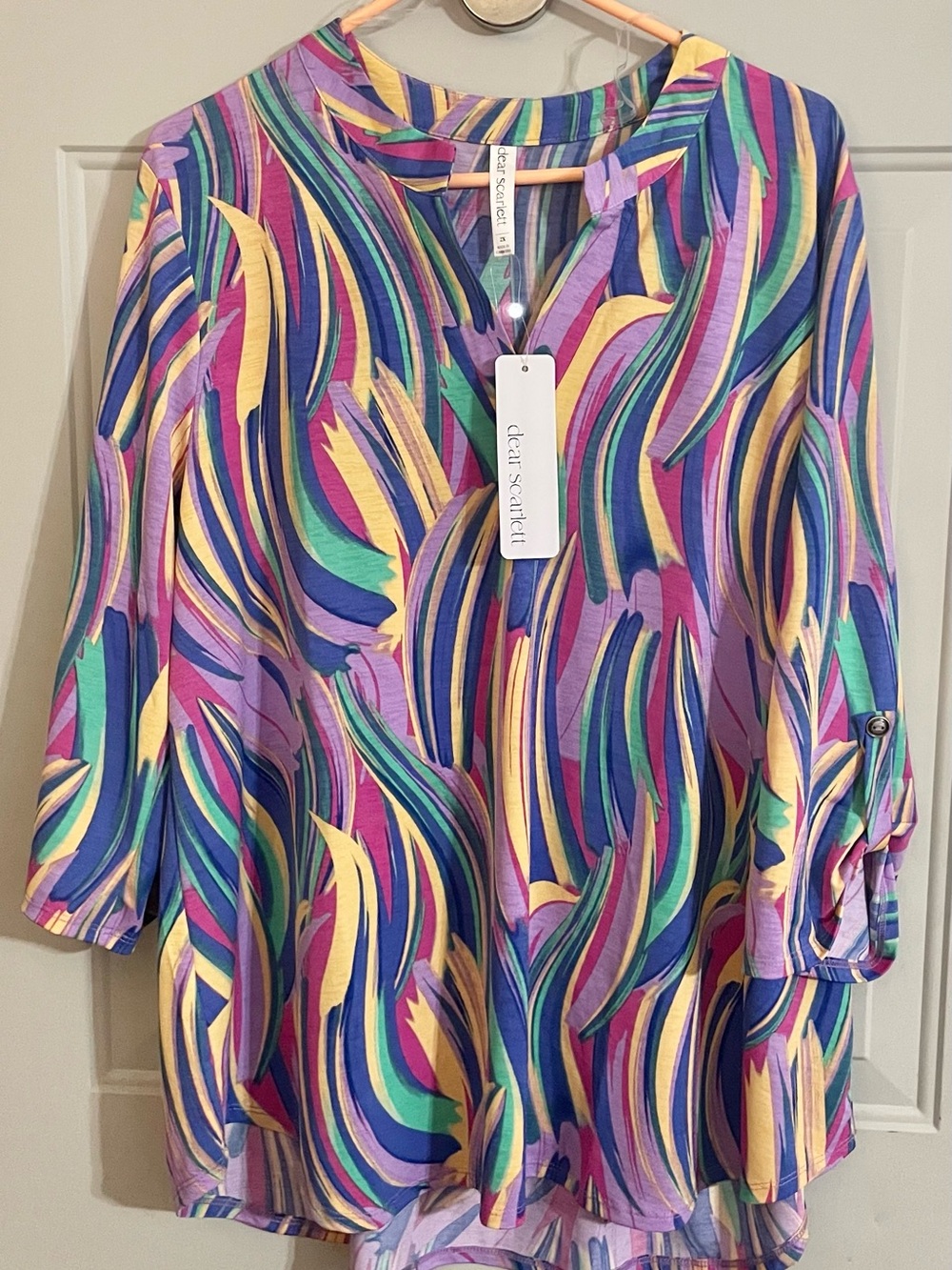 Dear Scarlett Multicolor Abstract Wave-Print Tunic - Purple & Yellow